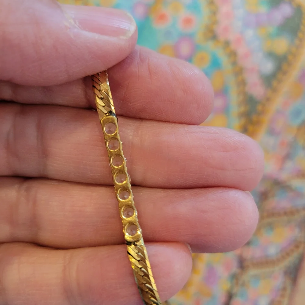 Pretty Gold-Tone Herringbone Bracelet ~ Rhinestone ~ Elegant